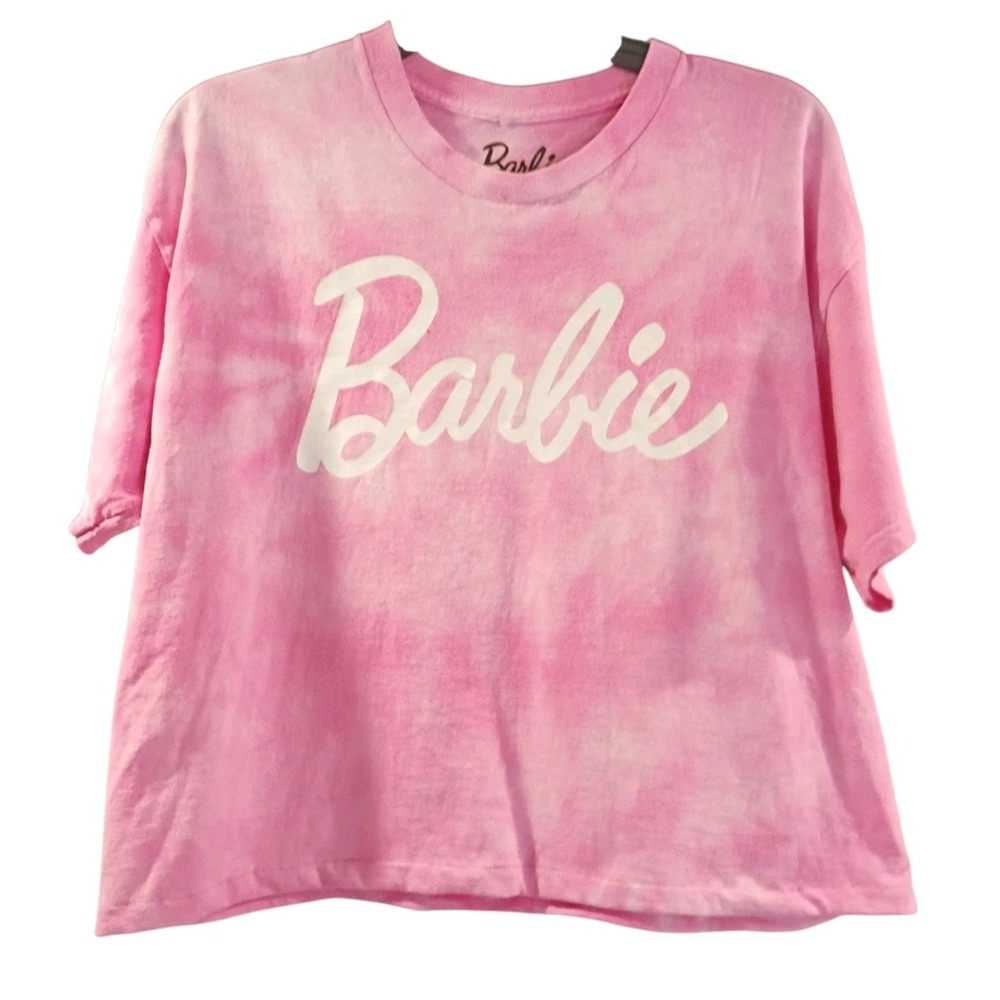 Barbie Movie T-Shirt Womens L Light Pink Girly Tie Dye Crop 100% Cotton EUC